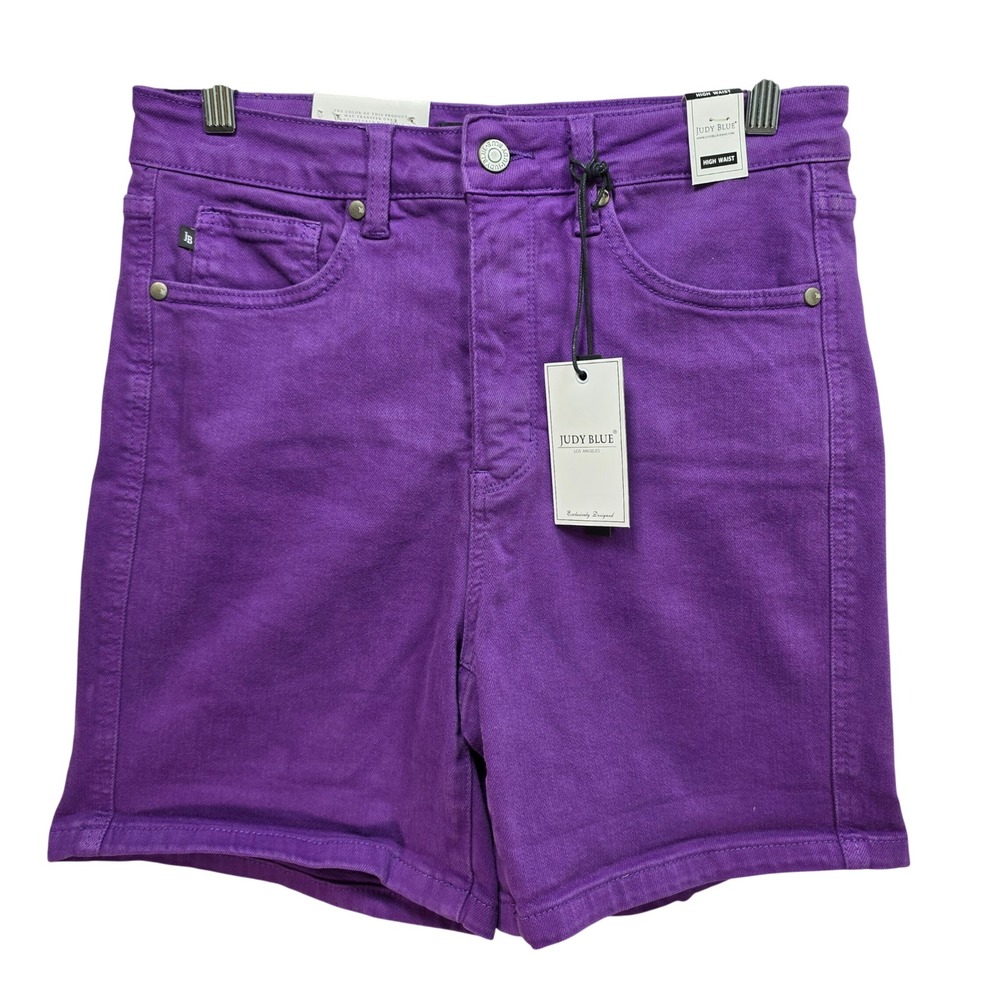 Judy Blue High Waist Tummy Control Denim Shorts Womens L 6 in Inseam Purple New